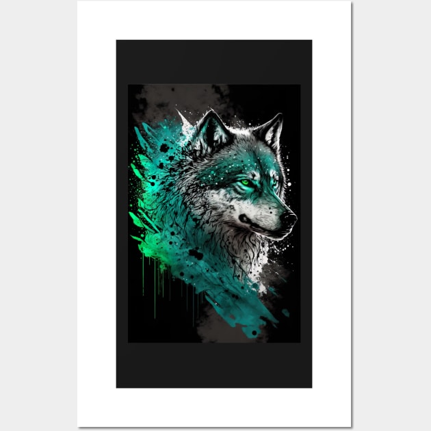 Cool Wolf portrait with green glow Wall Art by KoolArtDistrict